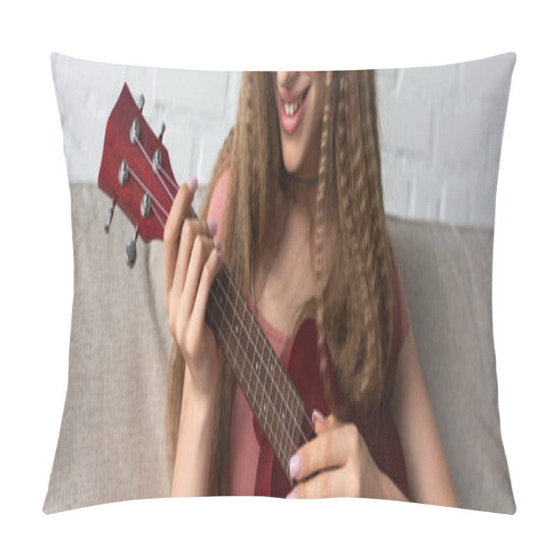 Personality  Cropped View Of Happy Teenage Girl In Casual Clothes Playing Ukulele, Banner Pillow Covers