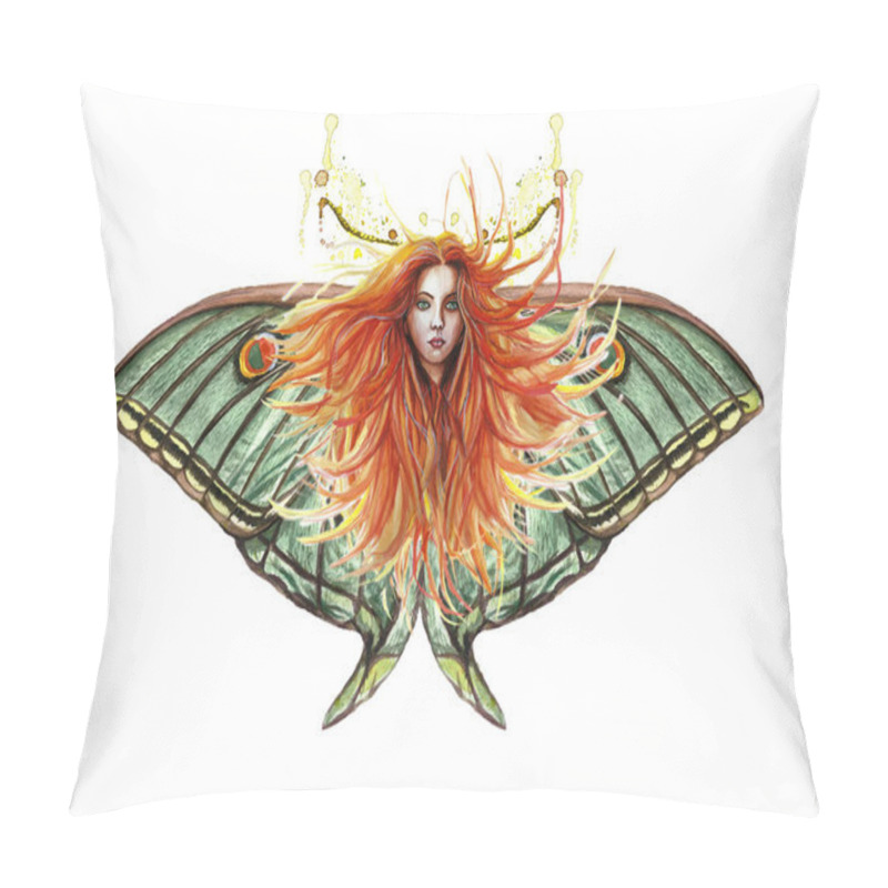 Personality  Watercolor Illustration Of A Print Of A Red-haired Girl With Developing Hair In The Wind With Green Eyes, Expressive Facial Features, Around Her A Lot Of Green Butterflies, Night Moths, Gothic Figure, Mysticism Pillow Covers