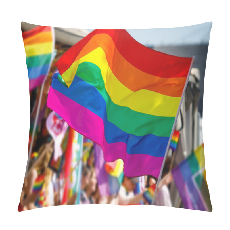 Personality  Lgbt Pride Rainbow Flag During Parade In The City Pillow Covers