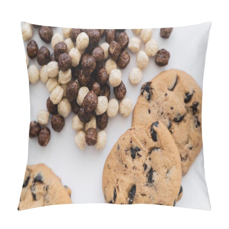 Personality  Top View Of Cereal Balls Near Chocolate Chip Cookies Isolated On White  Pillow Covers