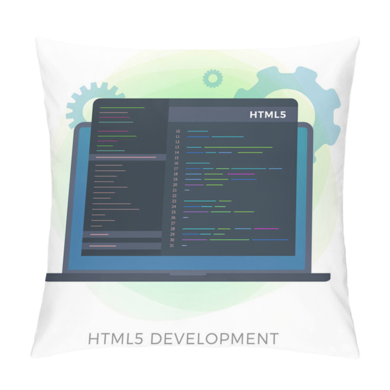 Personality  HTML5 Development Flat Vector Icon. Internet Website Programming Language. HTML Code Optimization And Programmer Script Writing. Laptop With Software Code Window Screen.  Pillow Covers