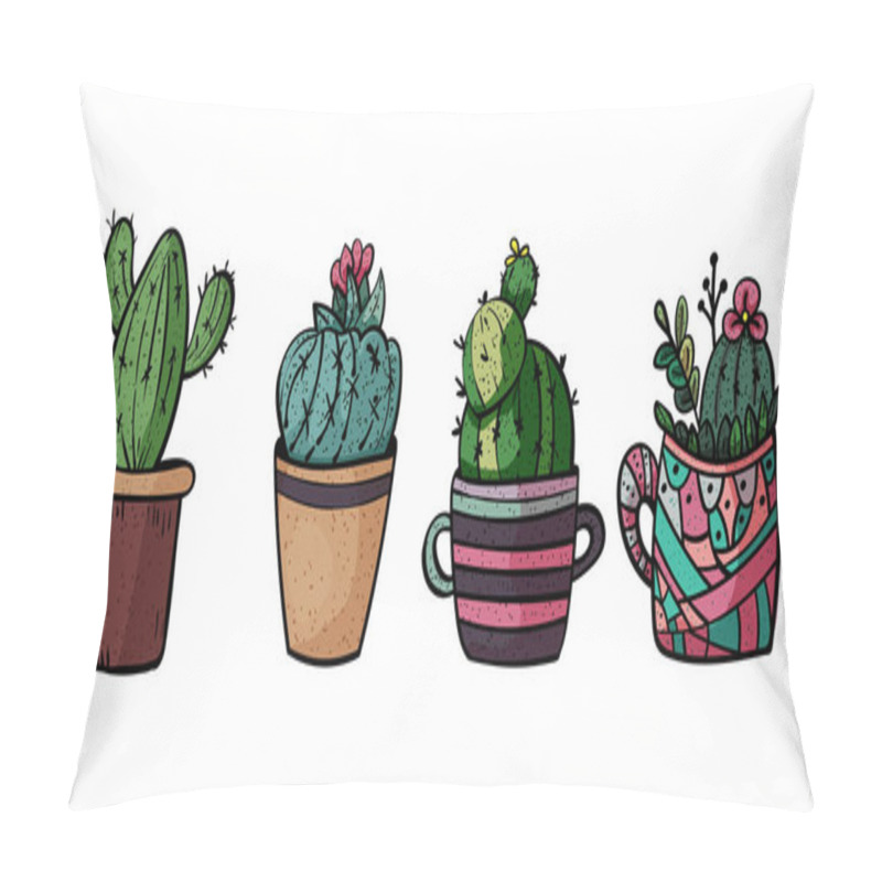 Personality  Four Cute Cacti In A Pot. Botanical Illustration. Banner For Any Design. - Vector. Pillow Covers