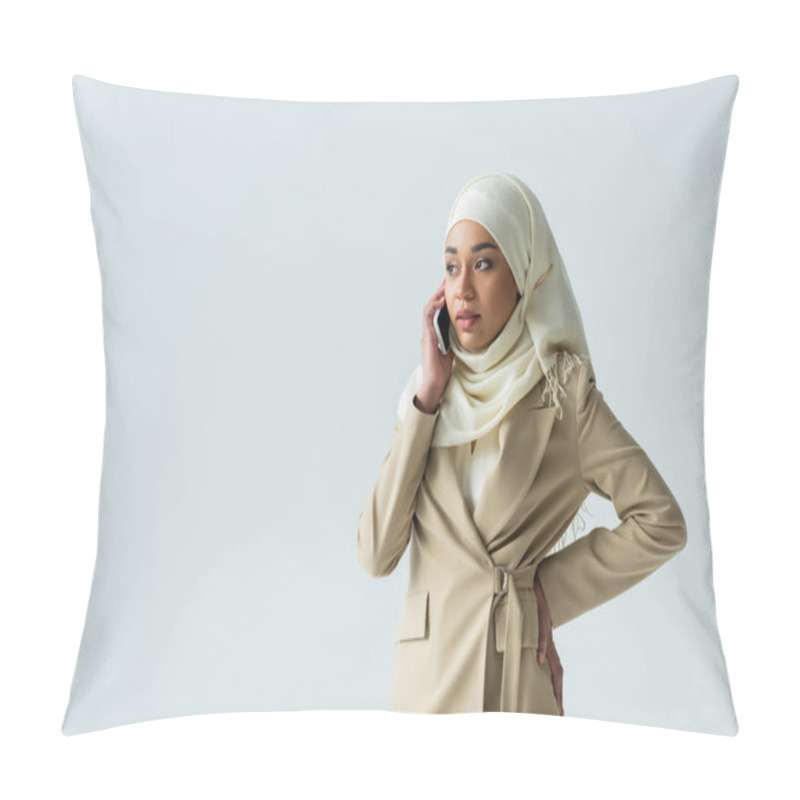 Personality  Stylish Muslim Woman In Hijab And Beige Suit Talking On Smartphone Isolated On Grey  Pillow Covers