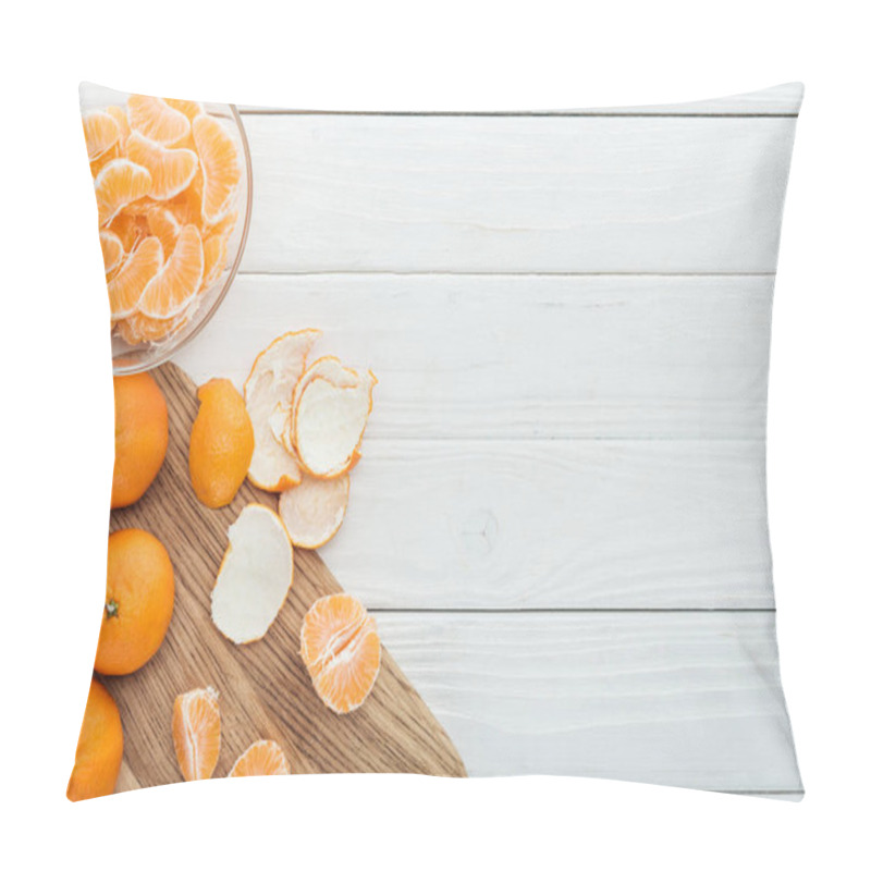 Personality  Top View Of Peeled Tangerines On Wooden Cutting Board On White Wooden Table Pillow Covers