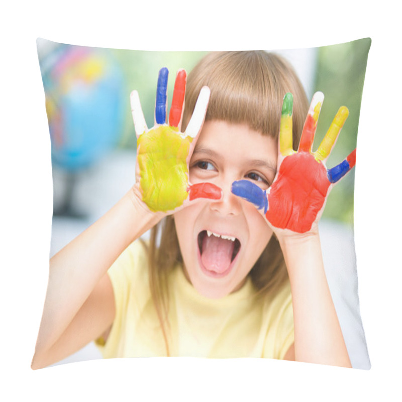 Personality  Portrait Of A Cute Girl Playing With Paints Pillow Covers