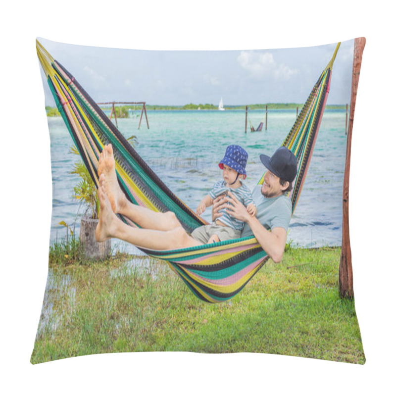 Personality  Father With His Toddler Son Lying In A Hammock Against The Backdrop Of Turquoise Waters Of Bacalar Lake, Mexico. Peaceful Tropical Travel Destination Concept. Pillow Covers