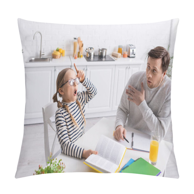 Personality  Excited Kid Showing Idea Gesture While Doing Homework Near Amazed Father Pillow Covers