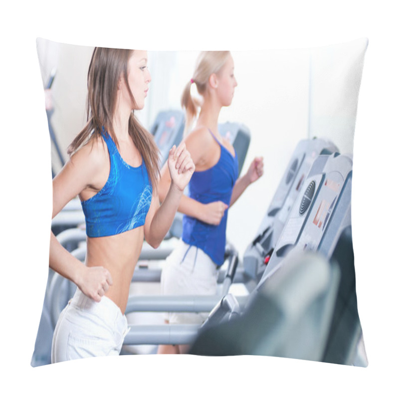 Personality  Two Young Women Run On Machine In The Gym Pillow Covers