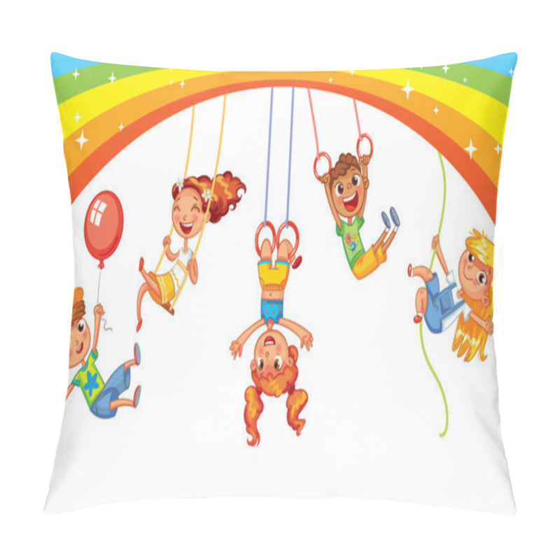 Personality  Playground. Kid Weighs On The Rings Upside Down. Climbing Up Along The Rope. Swinging On Swing Pillow Covers