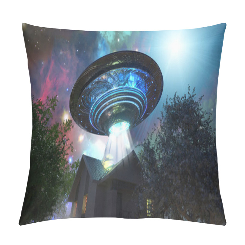 Personality  Ufo Flying Saucer Over The House, 3D Render Pillow Covers