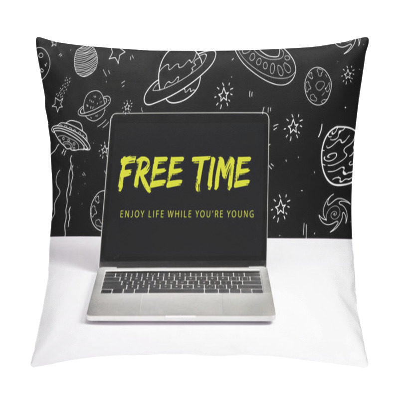 Personality  Laptop On Table With Enjoy Life While You Are Young And Free Time Lettering On Screen With White Galaxy Illustration On Black  Pillow Covers