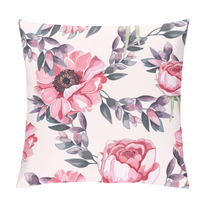 Personality  Seamless Floral Pattern With Pink Roses And Anemones. Hand-Drawn Pink Flowers And Foliage Design. Romantic Rose And Anemone Pattern Pillow Covers