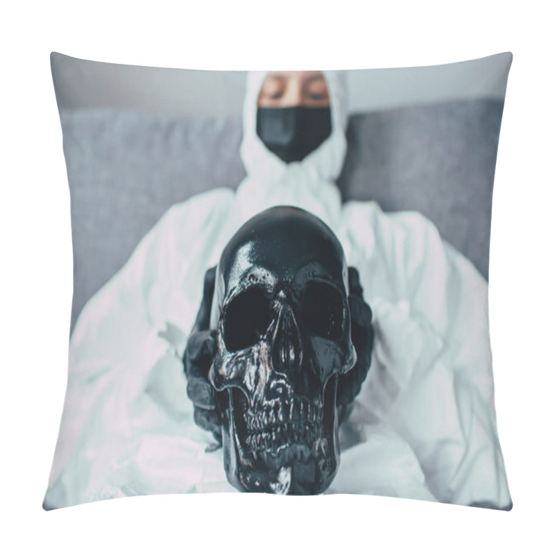 Personality  Black Skull Holding By Physician In Face Medical Mask And Viral Protective Suit. Medic Look On It And Think About Consequences And Mortality Of Coronavirus Epidemic. Danger Of Death Due The Pandemic. Pillow Covers