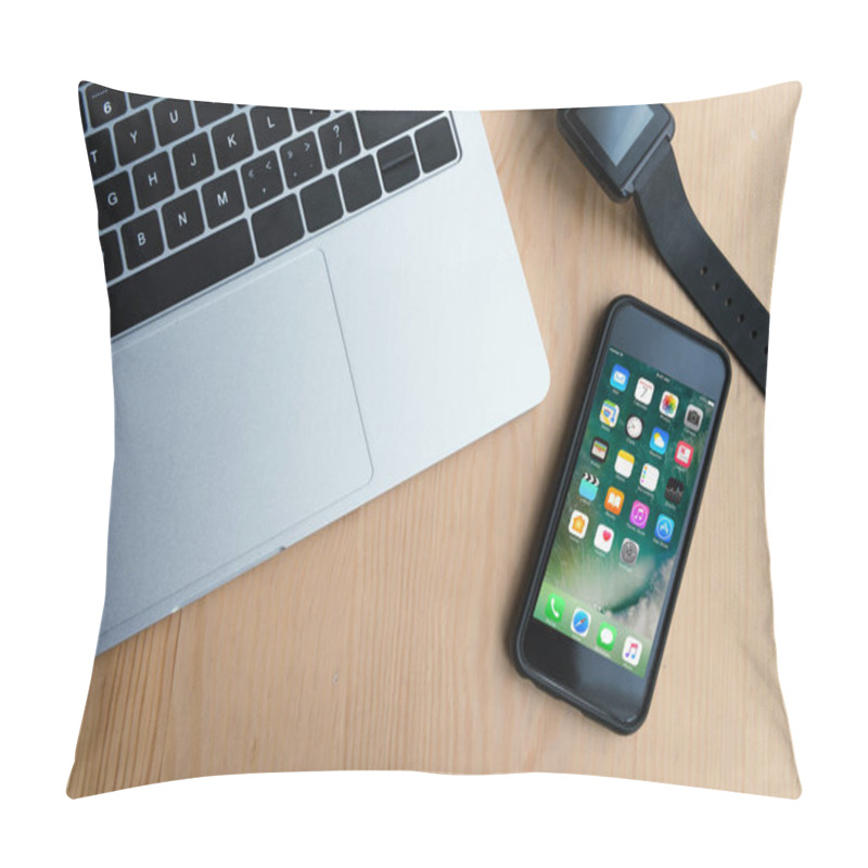 Personality  Top View Of Laptop, Smartwatch And Smartphone With Applications On Wooden Table Pillow Covers