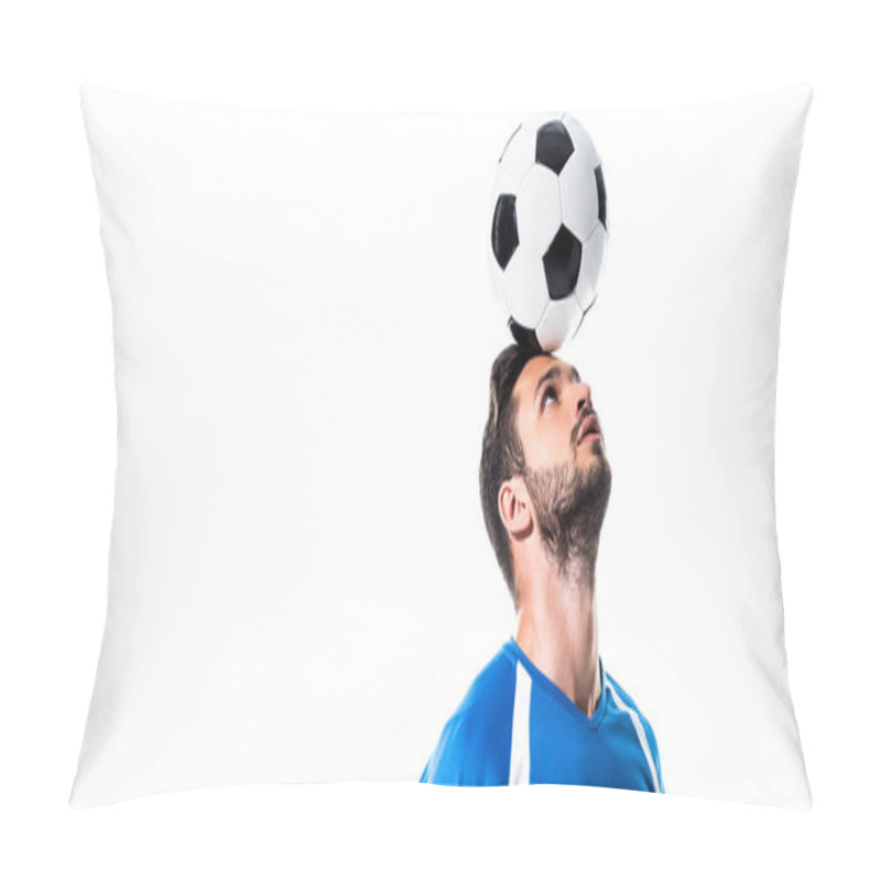 Personality  Panoramic Shot Of Handsome Soccer Player With Ball On Head Isolated On White Pillow Covers