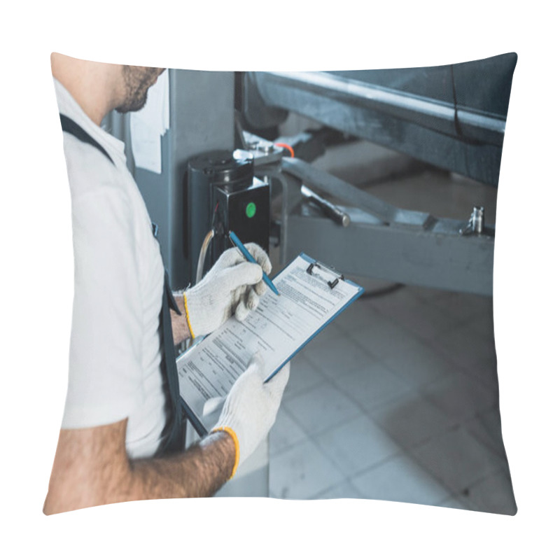 Personality  Cropped View Of Auto Mechanic Holding Clipboard And Pen  Pillow Covers