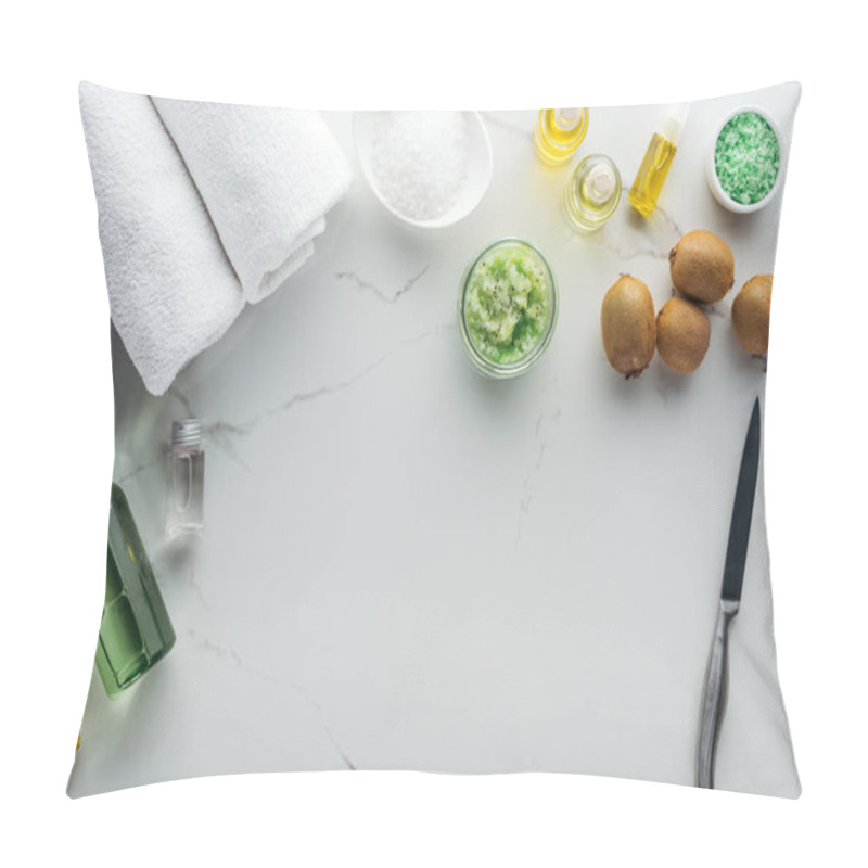 Personality  Top View Of Different Ingredients For Making Cosmetics, Towels And Cosmetic Bottles On White Surface Pillow Covers