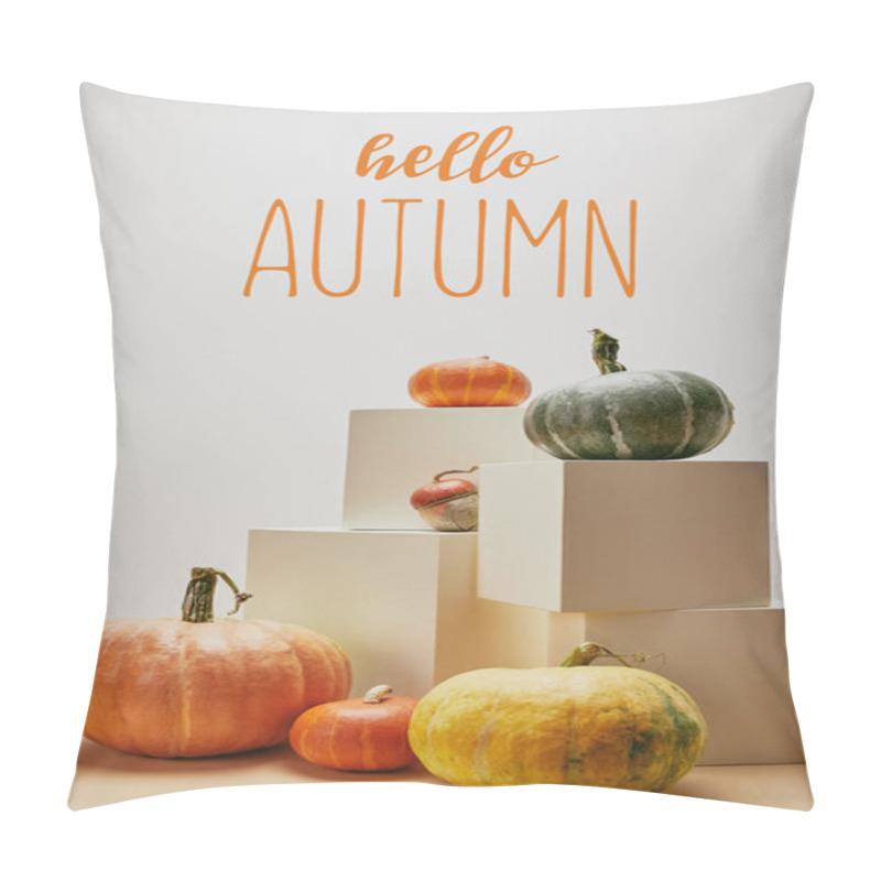 Personality  Autumnal Decoration With Orange, Yellow And Green Pumpkins On Cubes And Table With HELLO AUTUMN Lettering Pillow Covers