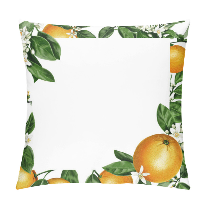 Personality  Frame Of Oranges. Juicy And Orange Fruits With Orange Blossom Leaves And Flowers. Citrus Small White Flowers. Watercolor Illustration. No Background.  Pillow Covers