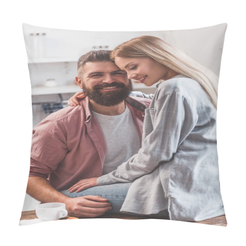 Personality  Attractive Young Woman Hugging Smiling Bearded Man At Kitchen  Pillow Covers