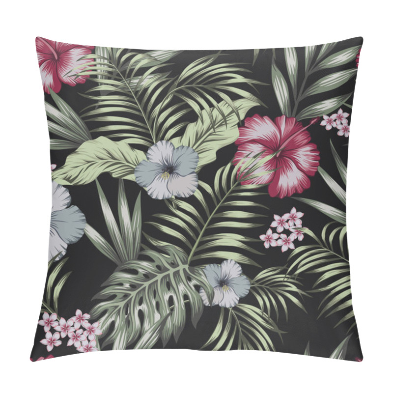 Personality  Tropical Exotic Flowers Hibiscus, Frangipani (plumeria) And Palm, Banana Leaves Composition. Vector Seamless Pattern On The Black Background Pillow Covers