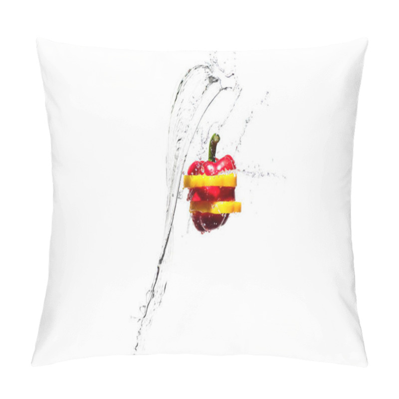 Personality  Red And Yellow Bell Pepper Slices In Water Splashes Isolated On White Pillow Covers