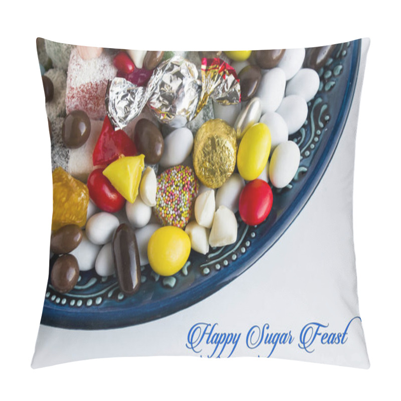 Personality  Colorful Candies,Delights And Chocolates In The Big Blue Ceramic Plate.The Sugar Feast Or Any Celebrations.Happy Sugar Feast Writting Near Pillow Covers