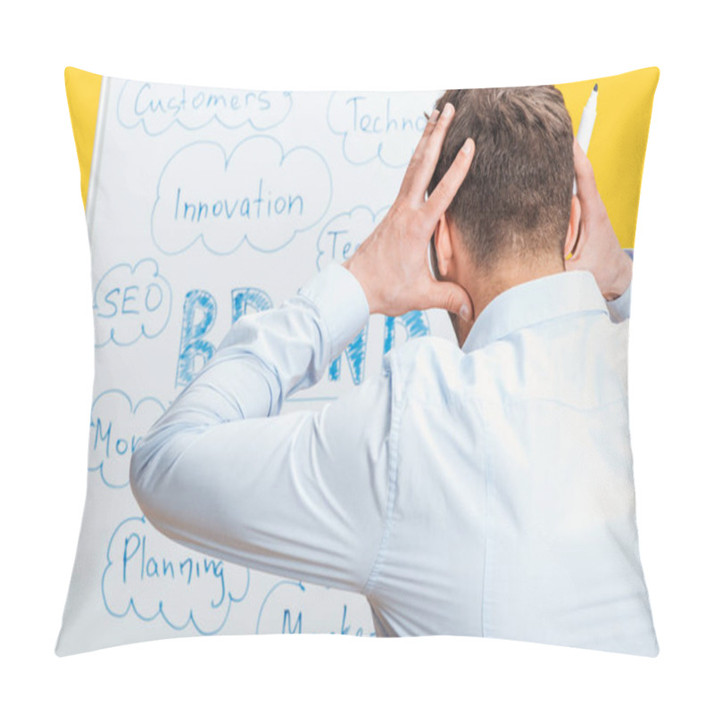 Personality  Back View Of Businessman Standing Near White Office Board With Words, Holding Hands On Head Pillow Covers