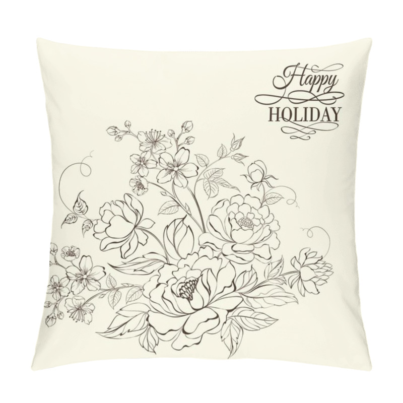 Personality  Flower Bouquet Of Peony And Sakura Flowers. Vector Illustration. Pillow Covers