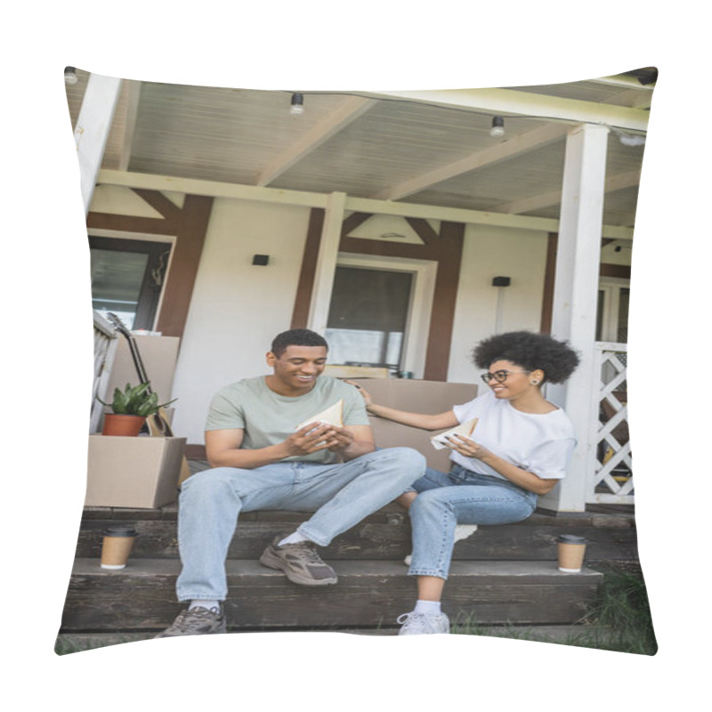 Personality  Positive African American Couple With Sandwiches And Coffee Talking On Porch Of New House Pillow Covers