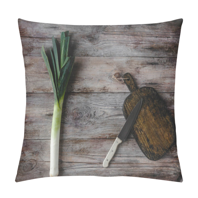 Personality  Top View Of Cutting Board, Knife And Leek On Rustic Wooden Table  Pillow Covers