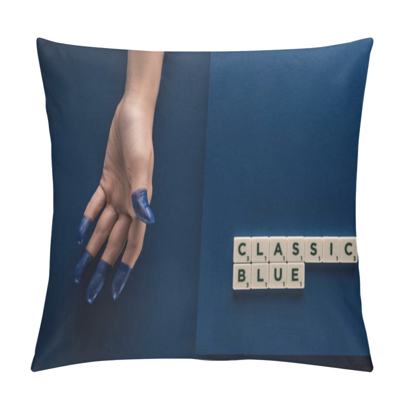 Personality  Cropped View Of Woman With Painted Fingers Near Classic Blue Lettering On Cubes On Blue Background Pillow Covers