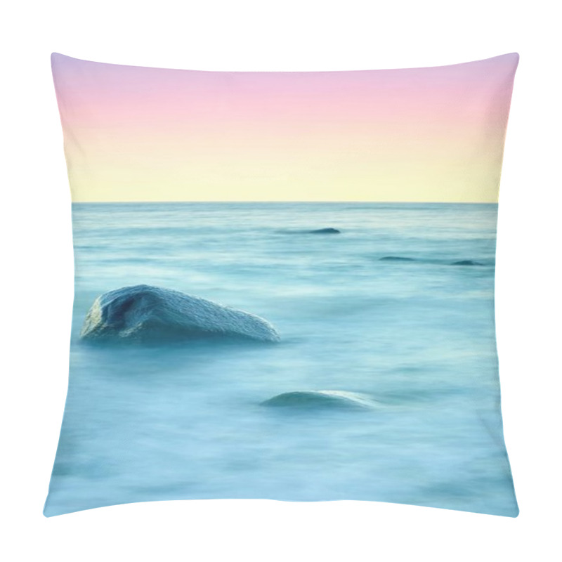 Personality  Romantic Atmosphere In Peaceful Morning At Sea. Big Boulders Sticking Out From Smooth Wavy Sea. Pink Horizon  Pillow Covers