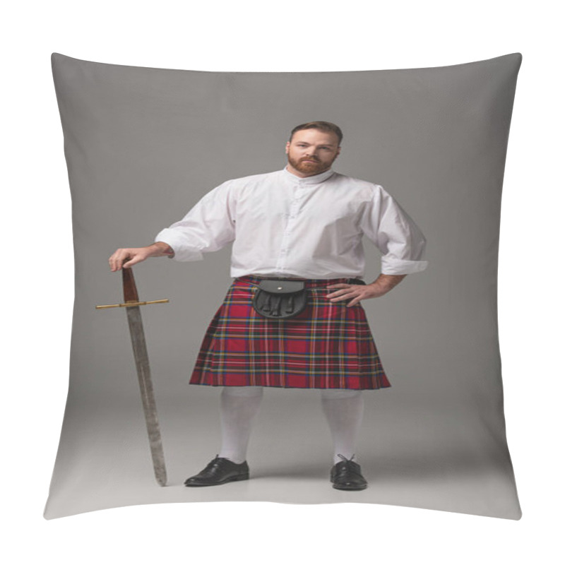 Personality  Scottish Redhead Man In Red Kilt With Sword On Grey Background Pillow Covers