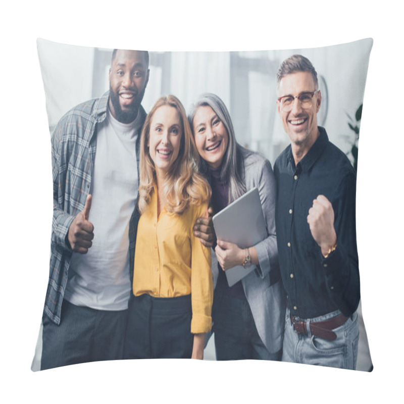 Personality  Smiling Multicultural Colleagues Hugging And Showing Like And Yes Gesture  Pillow Covers