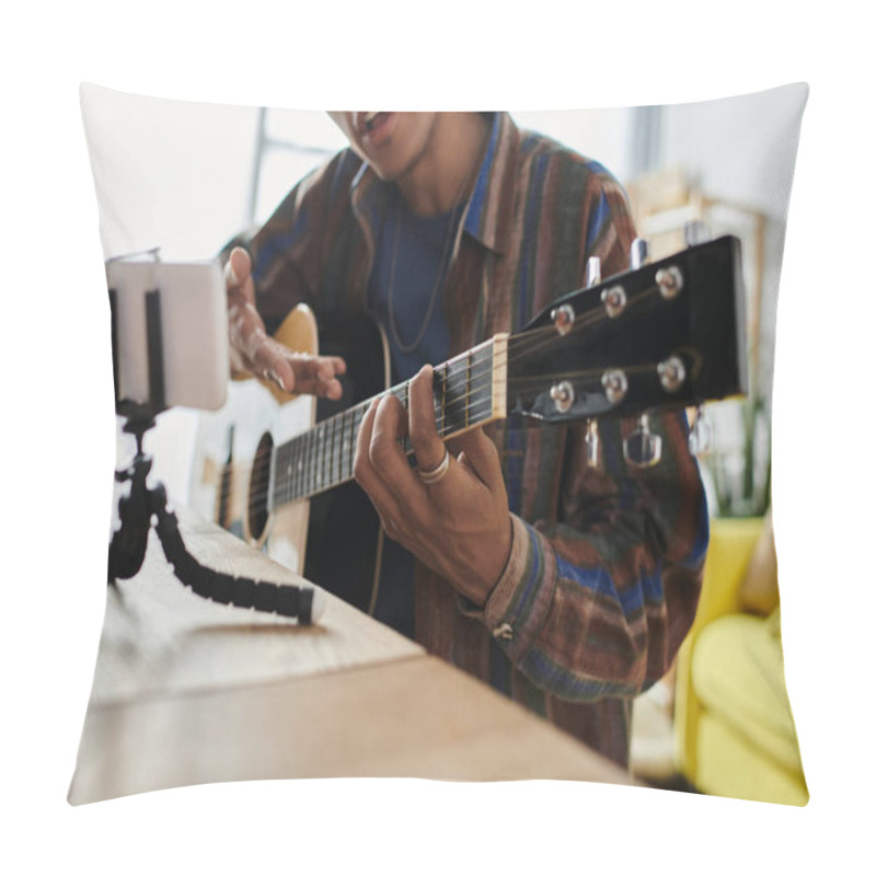 Personality  Young Man Passionately Plays Acoustic Guitar At Outdoor Venue. Pillow Covers