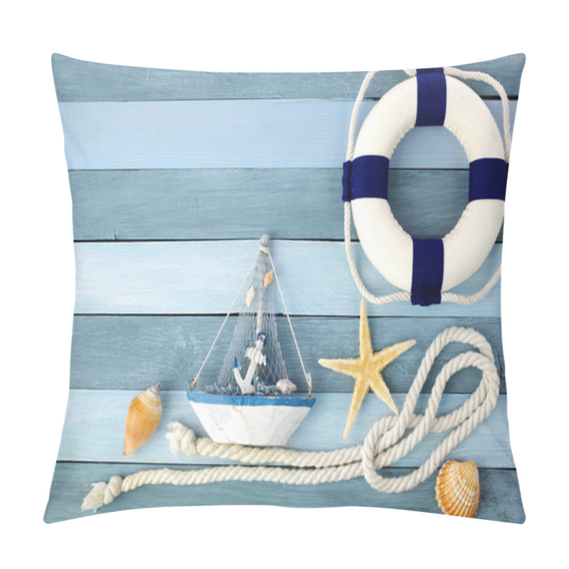 Personality  Few Summer Marine Items On A Wooden Background. Pillow Covers