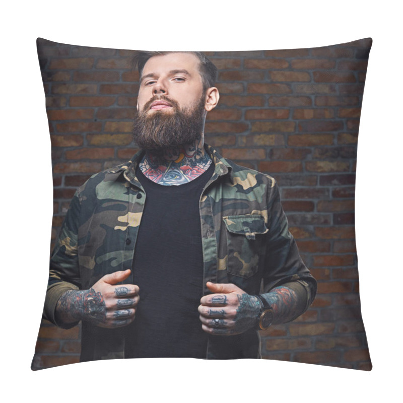 Personality  Tattooed Bearded Male In Military Jacket. Pillow Covers