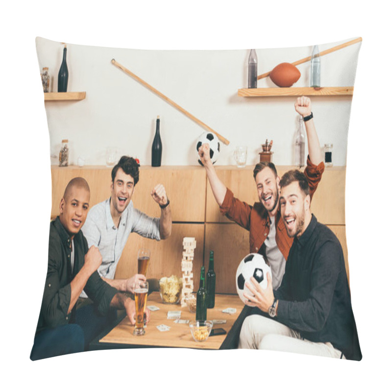 Personality  Happy Multicultural Friends Gesturing While Sitting At Tabletop With Beer And Snacks In Cafe Pillow Covers