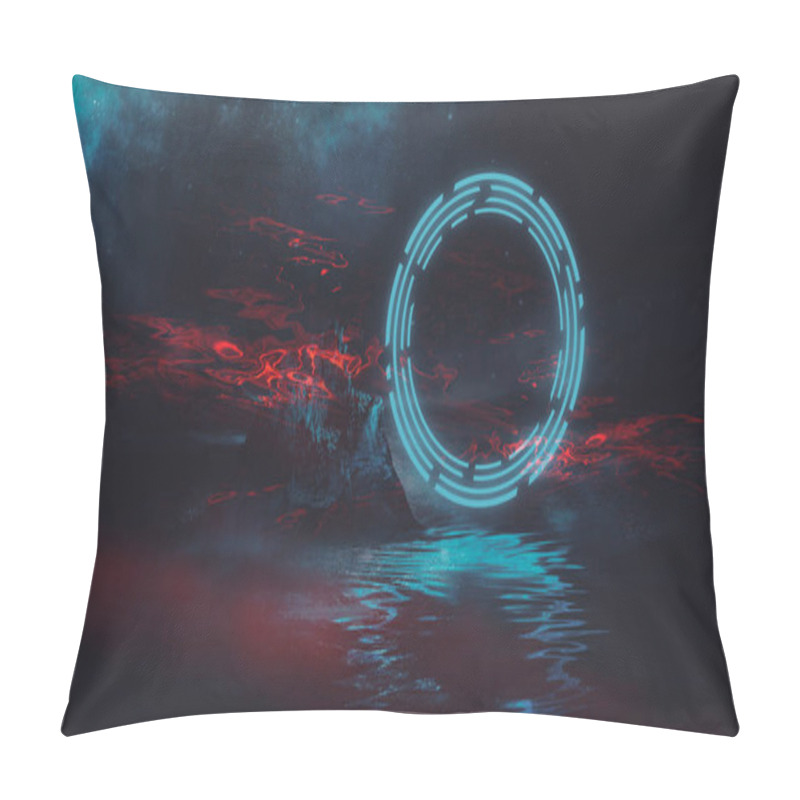 Personality  Futuristic Fantasy Night Landscape With Abstract Landscape And Island, Moonlight, Radiance, Moon, Neon. Dark Natural Scene With Light Reflection In Water. Neon Space Galaxy Portal. 3D Illustration.  Pillow Covers