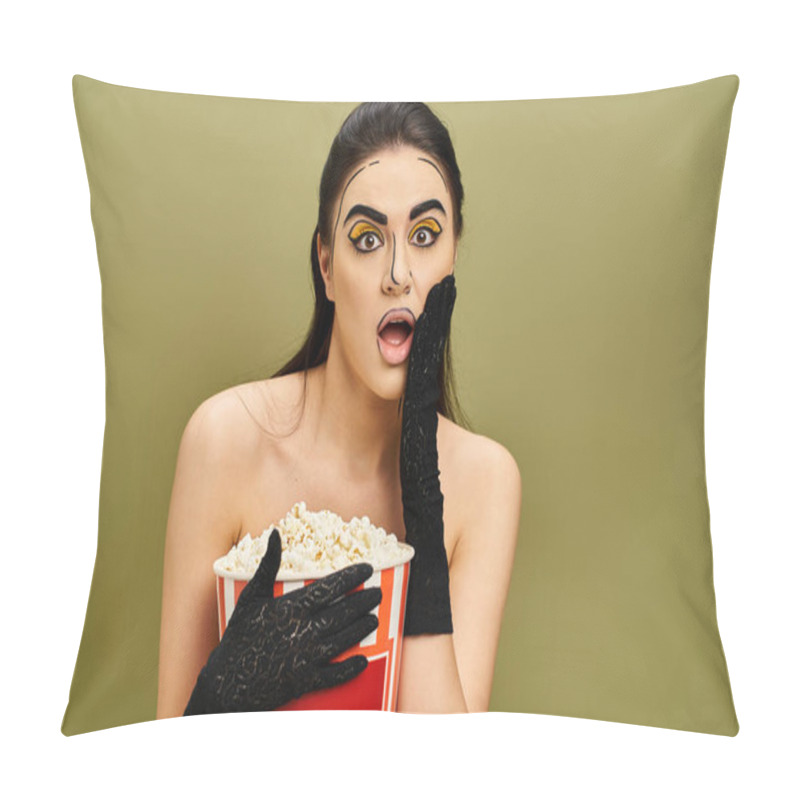 Personality  Stylish Brunette With Pop Art Makeup Holding A Large Bucket Of Popcorn Wearing Black Gloves. Pillow Covers