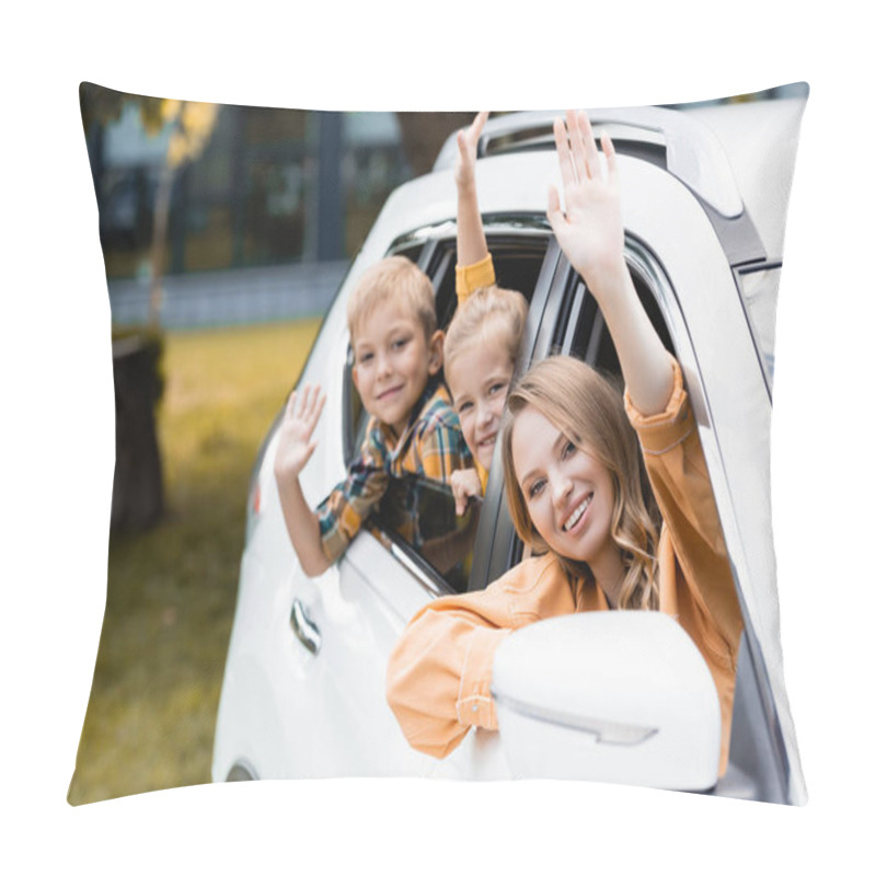 Personality  Smiling Woman Waving At Camera Near Children In Car On Blurred Background  Pillow Covers