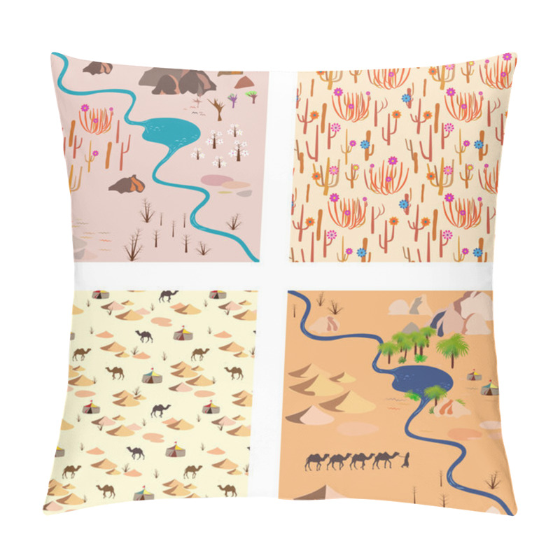 Personality  Set Seamless Desert Pattern With River, Palms Rocks And Camels Pillow Covers