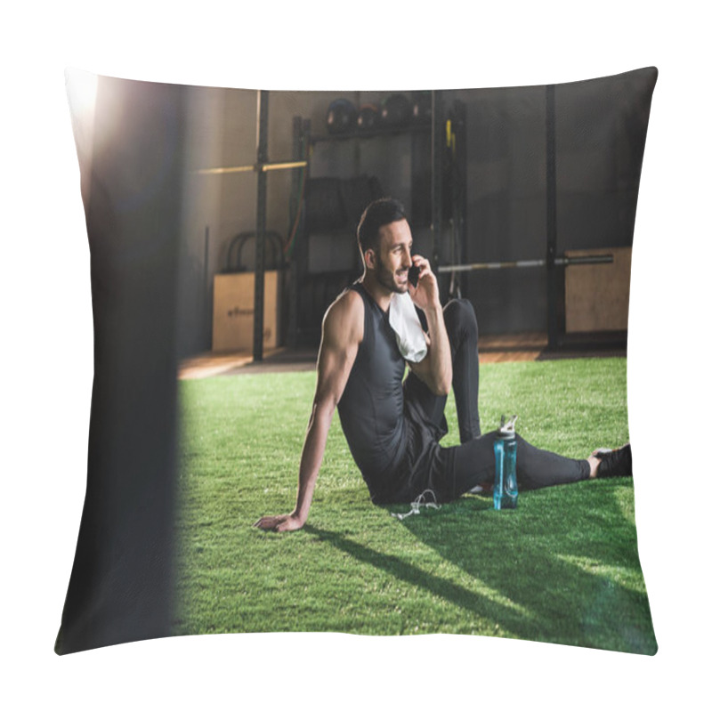 Personality  Selective Focus Of Happy Man Talking On Smartphone While Sitting On Grass  Pillow Covers