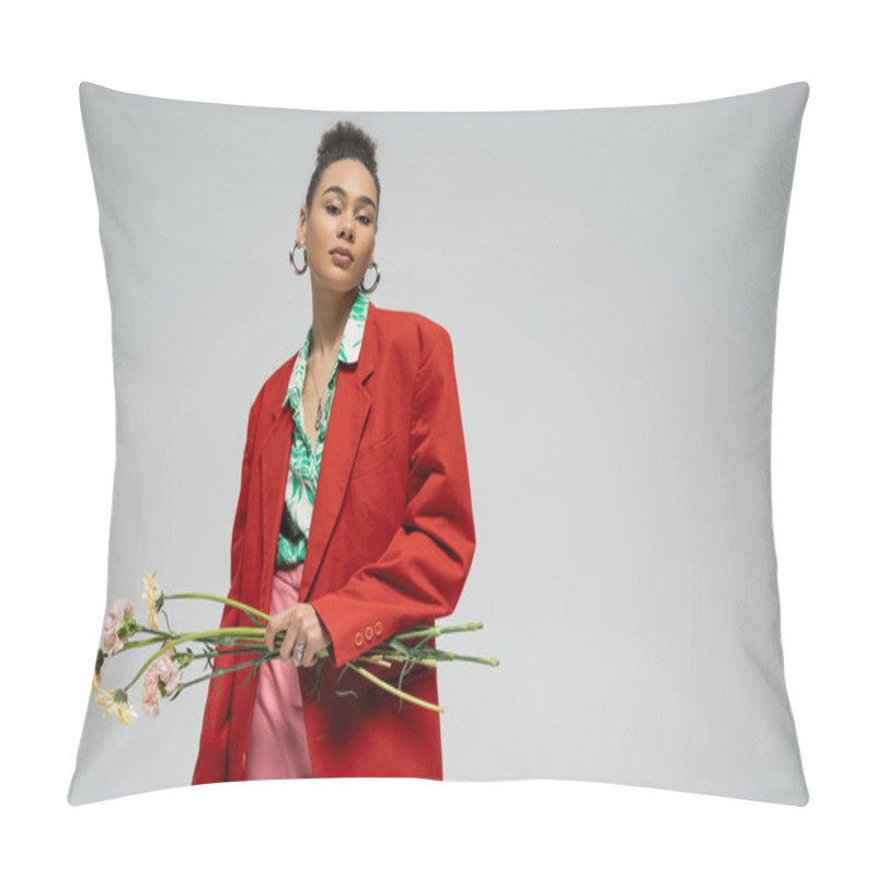 Personality  Pretty African American Woman In Red Blazer Holding Flowers And Looking At Camera On Grey Backdrop Pillow Covers