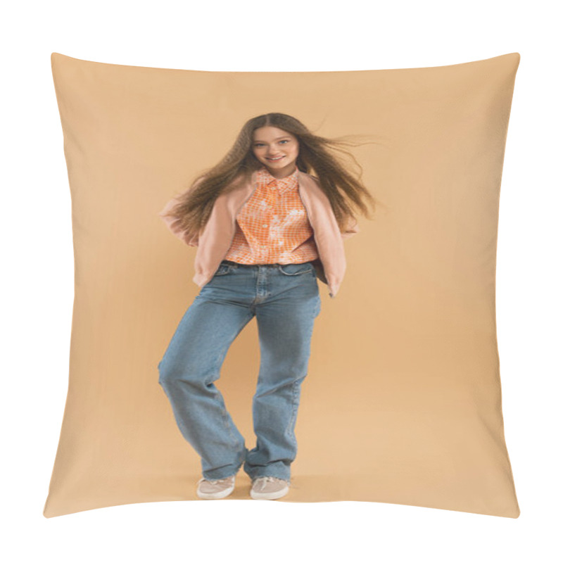 Personality  Full Length Of Happy Teenage Girl In Autumnal And Casual Clothes Posing On Beige Pillow Covers