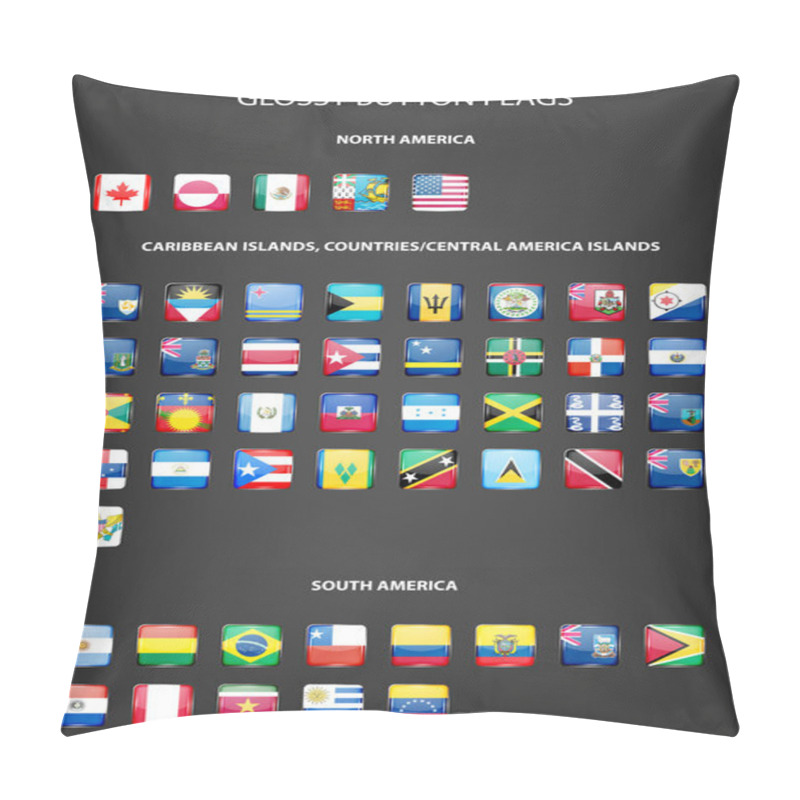 Personality  Set Of Glossy Button Flags -  North AND South America, Caribbean Islands, Countries, Central America Islands. Pillow Covers