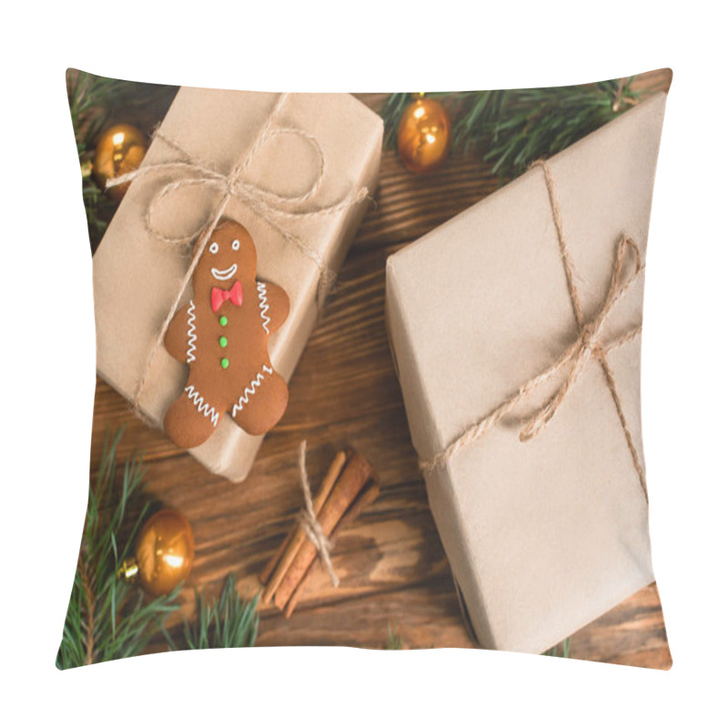 Personality  Top View Of Gingerbread Cookie On Gift Box Near Blurred Pine Branches And Cinnamon Sticks On Wooden Surface Pillow Covers