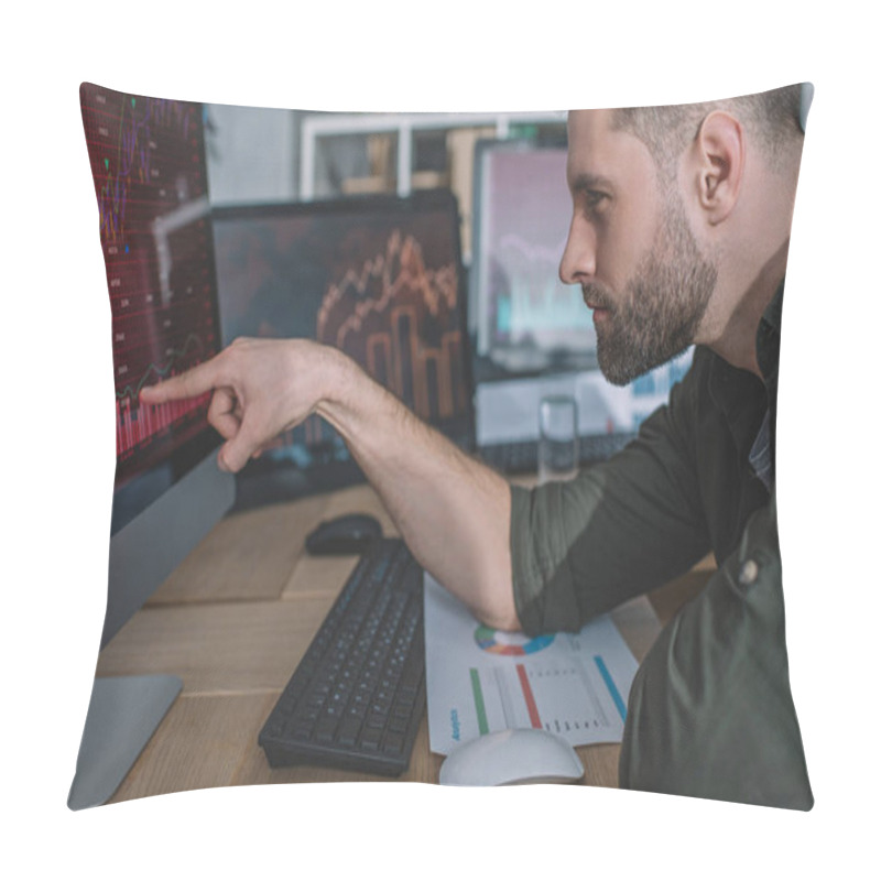 Personality  Side View Of Information Security Analyst Pointing With Finger On Charts On Computer Monitor While Working In Office  Pillow Covers