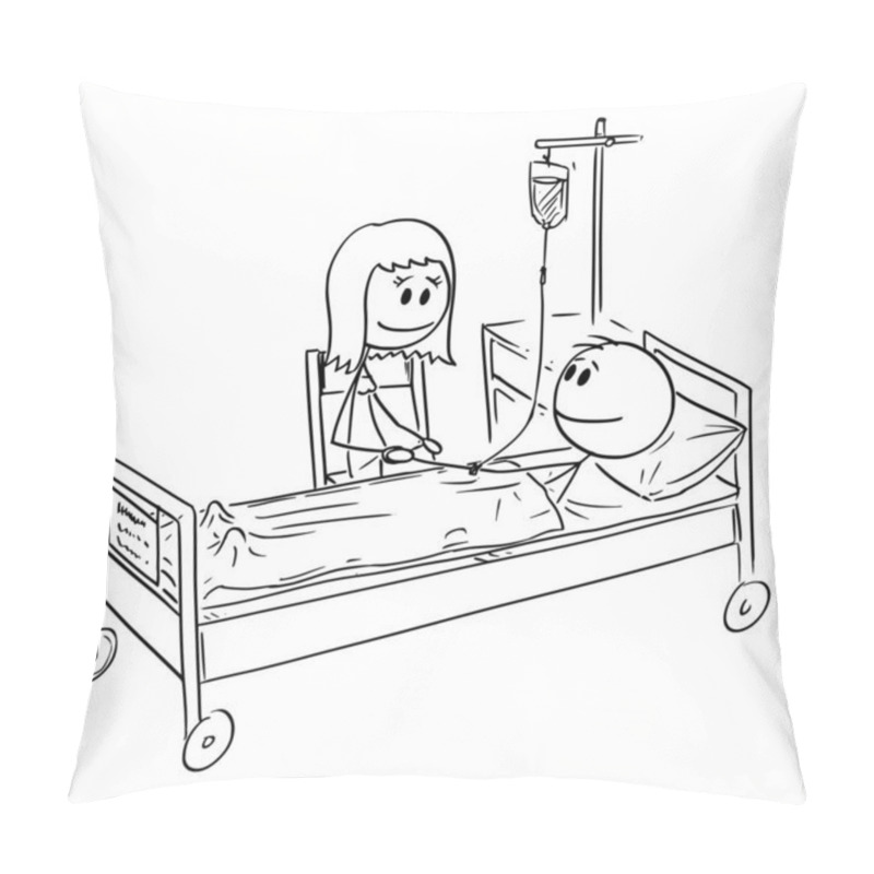 Personality  Woman Visiting Friend Or Husband Who Is Patient In Hospital , Vector Cartoon Stick Figure Illustration Pillow Covers